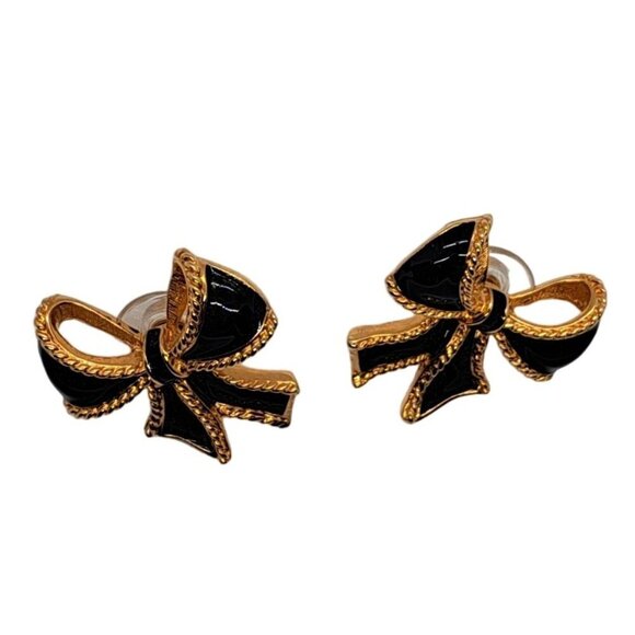 KJL for Avon black gold tone bow earrings pierced stud signed 1-1/8" - Picture 2 of 4